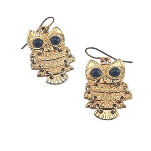 Gold-Tone Owl Dangle Earrings With Black Accents For Women